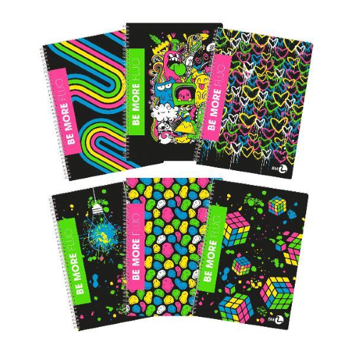 BE MORE MAXI SPIRALATO FLUO QUADERNO 80GR 210X297 mm A4 60 FOGLI A QUADRETTI 5M FANTASIE ASSORTITE CONF 5 Pz.